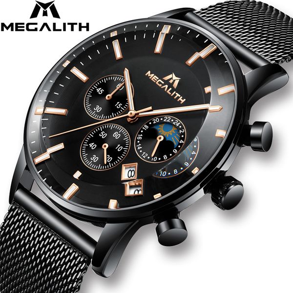 

megalith sports mens watches brand fashion army waterproof chronograph for men mesh strap quartz wrist watch clock, Slivery;brown