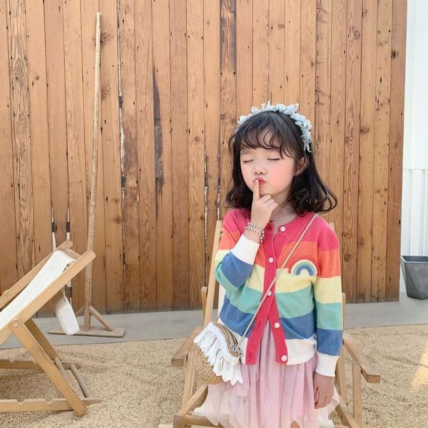

children's spring summer cardigan sweet rainbow striped long sleeve sweater sunscreen girls&boys cute outerwear coat, Blue;gray
