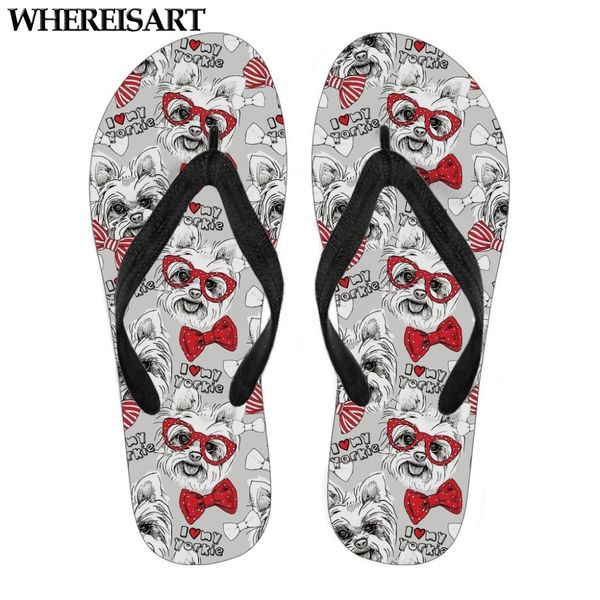 

whereisart cute yorkshire terrier pattern slippers woman summer fashion women flip flops casual beach slip-on flipflops female, Black