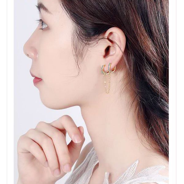

1 pcs golden/silver double piercing ear handcuff chain earrings hoop bohemian link chain tassel zircon earring for women girls