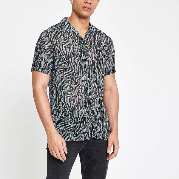 

vogue men shirt summer new vogue tide fashion casual lapel print short sleeve shirt camisa social, White;black