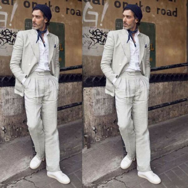 

summer loose men's linen double-breasted suit groom men's dress 2 piece jacket pants terno masculino costume homme mariage, White;black
