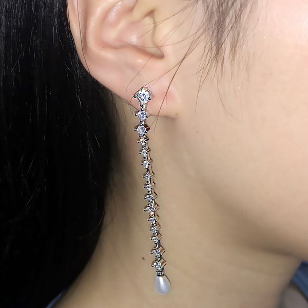 

japanese delicate shiny water drop zircon long dangle earrings fashion pearl drop earrings for women wedding engagement jewelry, Silver