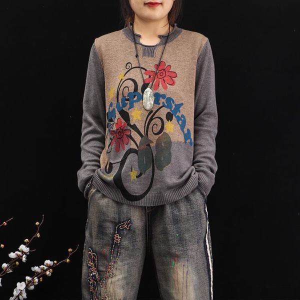 

new literary and printed long-sleeved knitted women's in autumn casual loose loose crew neck sweater, White;black