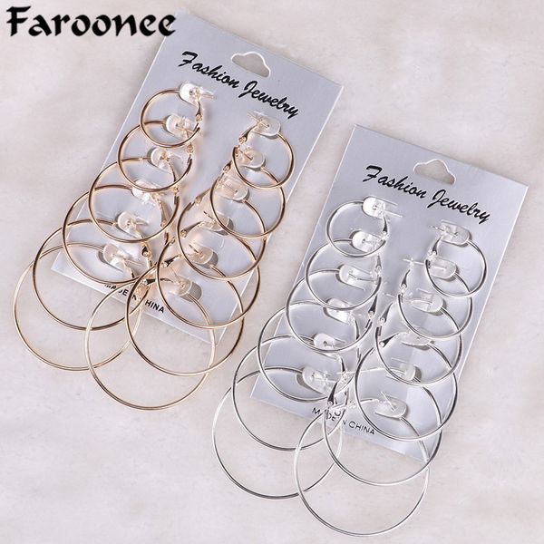 

6pair/12pair per set earring rock punk silver gold big round circle earrings for women statement hoop steampunk ear set jewelry, Golden;silver