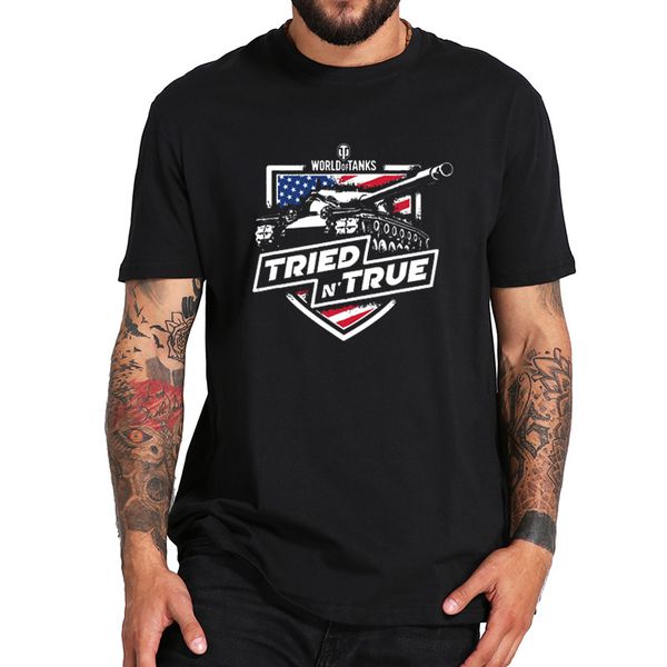 

eu size 100% cotton t shirt world of tanks game tried and true tshirt black crew neck casual, White;black
