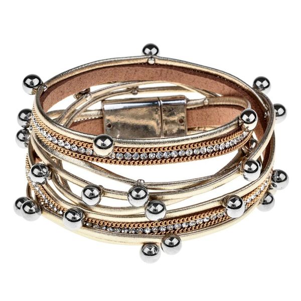 

1pc multilayer ball rhinestone inlaid faux leather wristband women magnetic bracelet special fashion punk christmas gift, Golden;silver