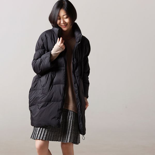 

y7866 literature and art large size pressure line drawstring draw back waist stand collar thickened loose down jacket, Black