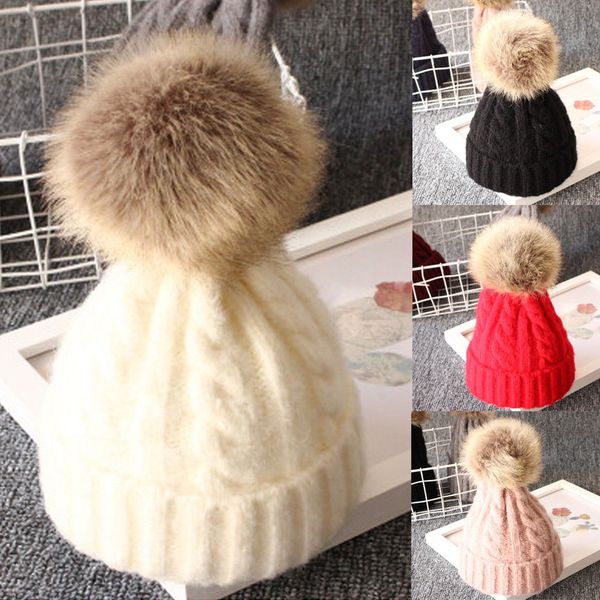 

Faux Fur Pompom Bobble Hat Infant Toddler Newborn Cute Baby Kids Boys Girls Unisex Knitted Crochet Beanie Winter Warm Hat Cap