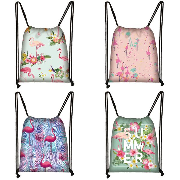 

мультфильм фламинго печати drawstring сумка женщины дорожная сумка подросток школа коричневый девушка и мальчик рюкзак мода сумки для хранен
