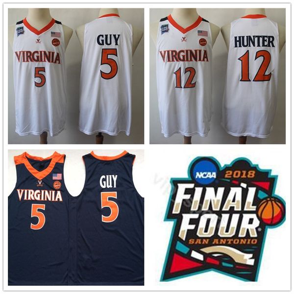 

NCAA 2019 Champions Virginia Cavaliers Jersey 5# Kyle Guy ACC UVA Final Four 12 De'Andre Hunter White Men's Basketball Jerseys Sti