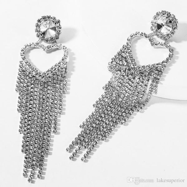 

women hollow heart stud earring bling bling rhinestone long tassel earring gift for love girlfriend fashion jewelry accessories, Golden;silver