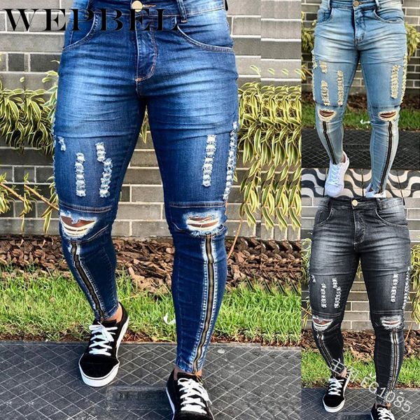 

тонкие джинсы вскользь заплатки дыры wepbel мужские zip середины талии denim полная длина карандаш штаны, Blue