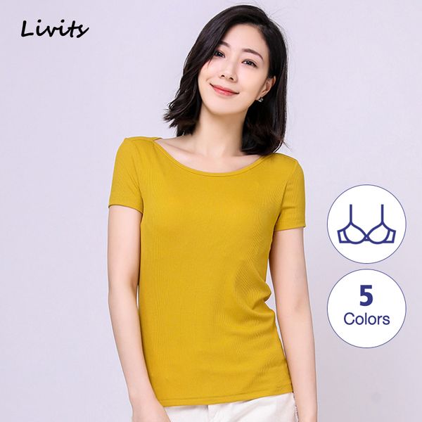 

women's t-shirts built-in bra bra-twill elastic tshirts boat neck short sleeve summer casual for female, White