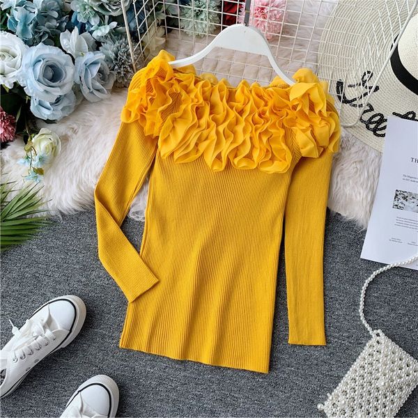 

autumn winter women sweater pullover flower petal collar off-shoulder knit short bottoming shirt female pull sweater jumper, White;black
