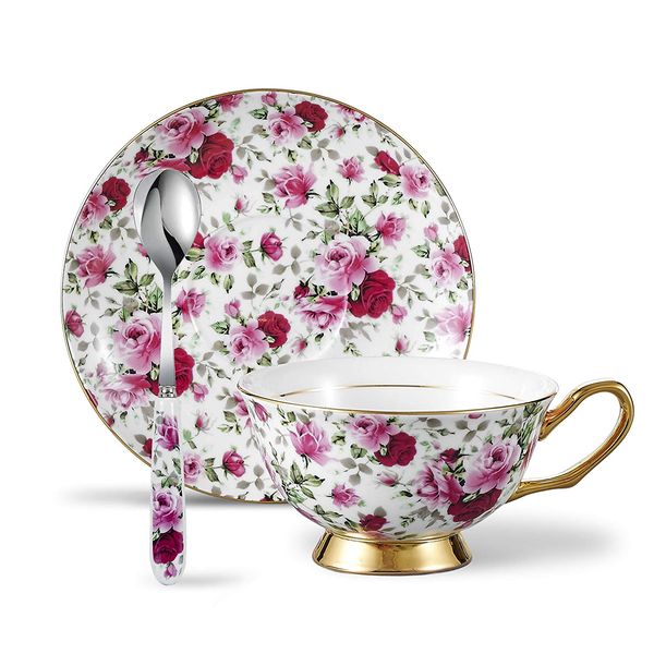 200 ml Teetasse und Untertasse aus Knochenporzellan mit Löffel – Nachmittagstee-Tasse aus Porzellan mit rosa und rotem Blumenmuster