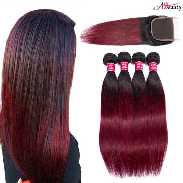 

1b/99j brazilian straight human hair bundles with closure ombre burgundy straight hair bundles with 4x4 lace closure new arrival, Black;brown