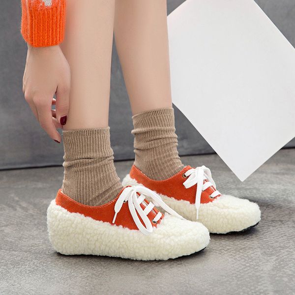 

ymechic fashion autumn winter warm lace up women flats blue black orange lambswool cute casual ladies flat shoes plus size