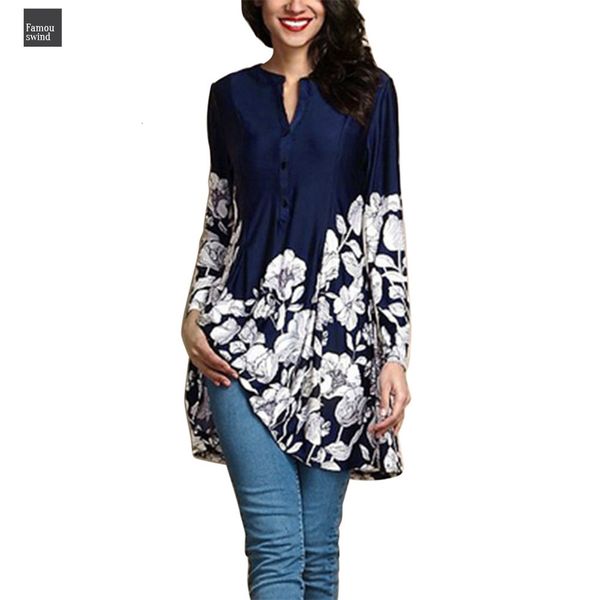 

summer топ женщины блуза tunique печати v шеи мода длинным рукавом v шеи кнопка длинные рубашки цветочные femme женский blusas, White