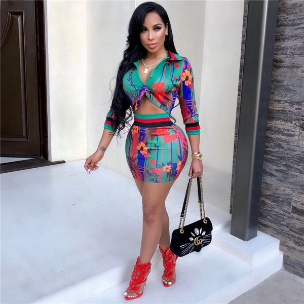 

мода цветочные printed bodycon платье конструктора женщин 2pcs платье вскользь дамы v шеи подходит, White