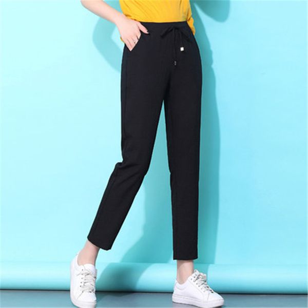 

2019 summer new cotton and linen harem pants female thin section feet pants slim casual large size loose nine as1037, Black;white