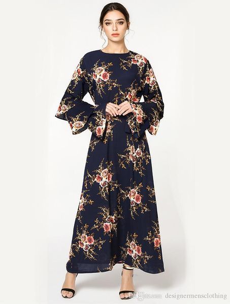 

summer women flare long sleeves casual fashion dress muslim malaysia floral long dresses spring, Black;gray