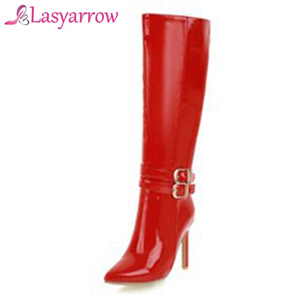 

lasyarrow women's knee high stiletto boots knight boots women red black patent leather pointed toe zapatos mujer