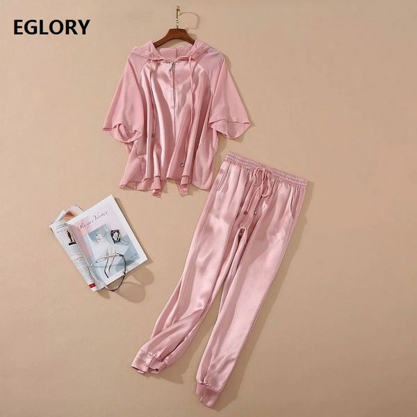 

two piece dress hooded set 2021 summer casual track suit women batwing sleeve loose coat+calf length pink dark blue pants & capris, White