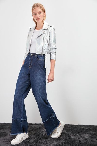 

trendyol pettitoes tassels high bel wide leg jeans twoaw20je0288, Blue