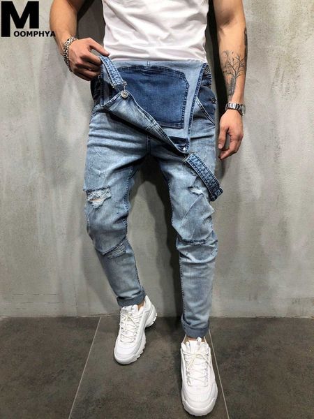 

2019 new ripped holes denim overalls men jeans sreetwear hip hop suspenders pants jeans men braces cargo pants jean homme, Blue