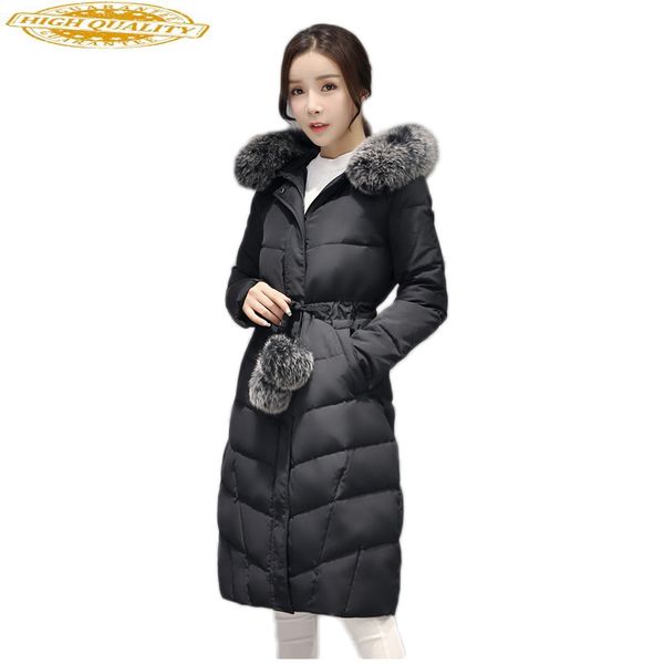 

long duck down jacket women winter fur collar korean coat femenino thicken womens coats casacas para mujer kj372, Black