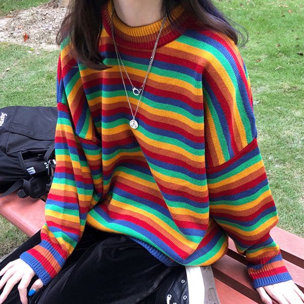 

female korean harajuku hong kong-flavored loose striped sweater women's sweaters japanese kawaii ulzzang clothing for women ins, White;black