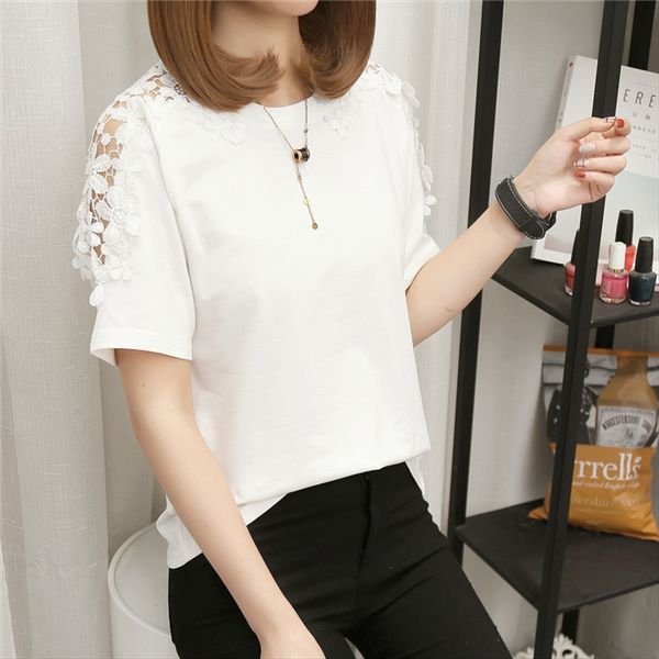 

японская корейская 2019 ч шить кружева футболка женщина японских и корейские рукав 2019 с коротким рукавом руки рукав шить кружева с коротки, White