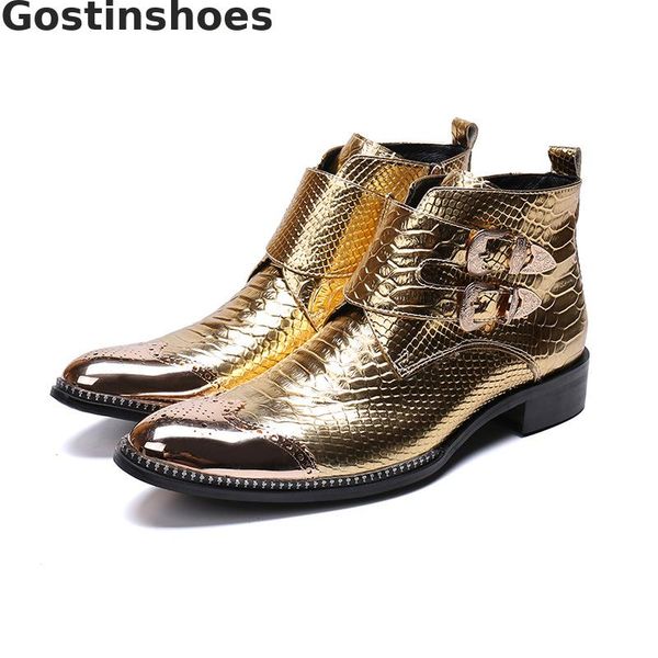 

luxury men boots golden genuine leather boots snakeskin printed golden metal cap toe ankle short work western buckle strap, Black