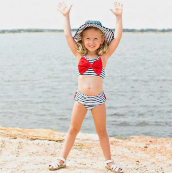 

girls fashion swimming suits baby kids designer stripe printed sling style two pieces swim clothing set child casual cute swimwear quali, Blue
