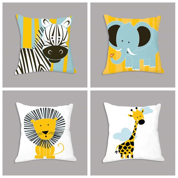 

Cartoon Giraffe Lion Elephant Animal Printed White Plush Seat Cushion Throw Pillow 45x45cm Decorative Cushion Sofa Kids Room