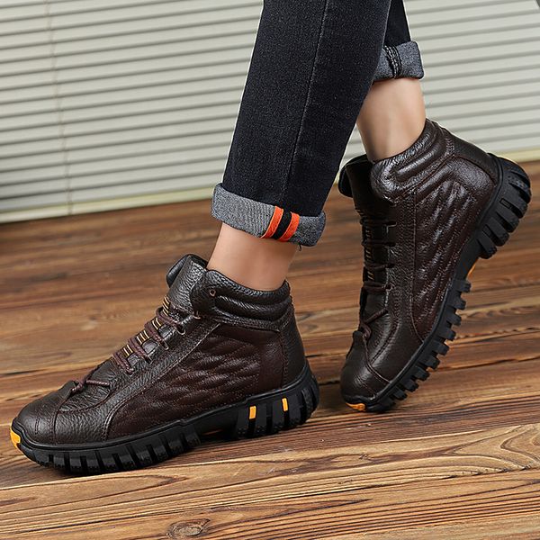 

mens hiking genuine leather shoes winter warm snow boots man male ankle work boots outdoor sport sneakers sneakers men leather, Black