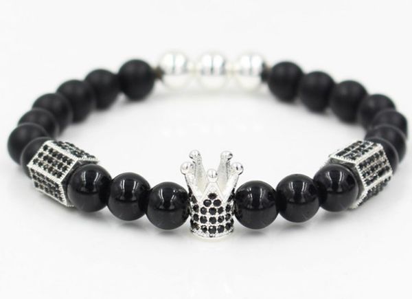

8mm fg34 gold silver micro pave cz zircon cubic zirconia bracelet adjusted bead crown black stone volcanic lava bangles