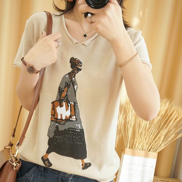 

summer light casual v-neck solid t-shirt pullover color all-match cotton female t-shirt temperament slim short sleeve pullover knitted sweat, White