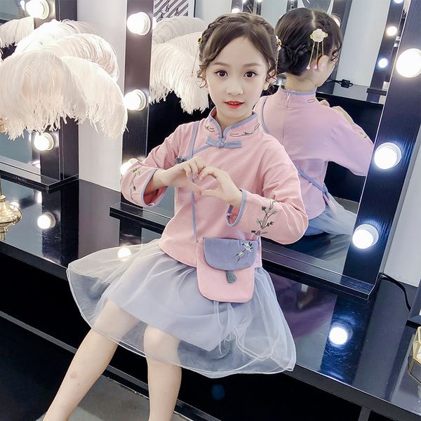 

hanfu girls suit autumn new shirt skirt chinese style retro children's clothing long-sleeved tang dress gauze two-piece, White