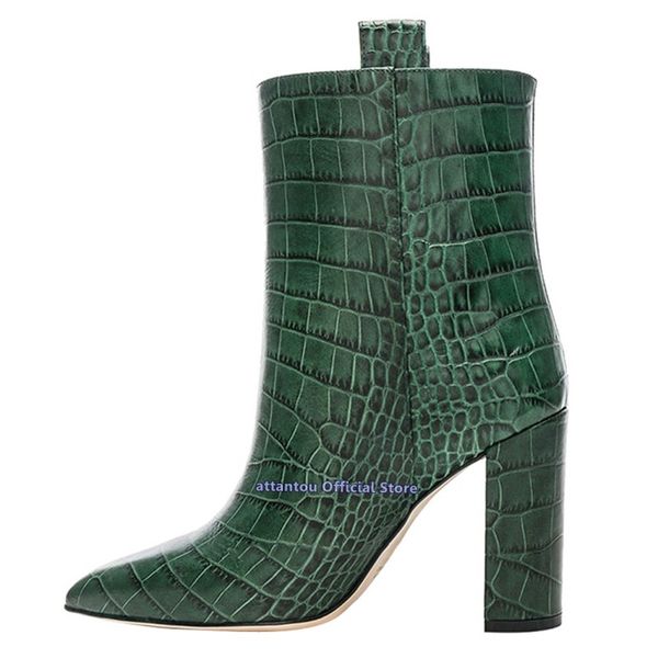 

fashion women crocodile printed leather chunky heel boots high heels short booties pointed toe shoes chaussure femmes botas, Black
