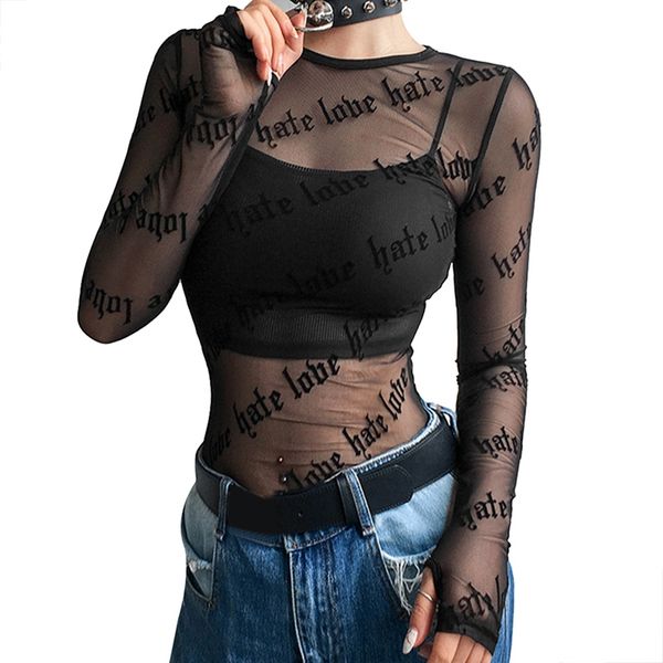 

черный прозрачный sexy summer t shirt женщины ненавижу любовь письмо mesh топ с длинным рукавом готические женщины streetwear s-l, White