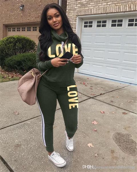 

womens love 2 piece tracksuits long sleeve cowl neck letters printed ladies casual sports suits relaxed womens clothing, Gray