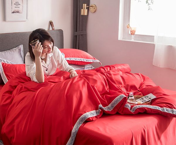 

bed linings bedding set bedclothes flat bed sheet quilt cover pillowcase full  king size bedroom home textiles silk red