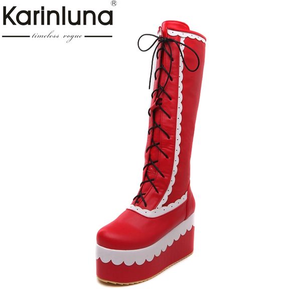 

karin new large size thick platform cosplay patchwork girls shoes women fashion wedge high heel lace up add fur winter boots, Black