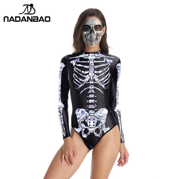 

nadanbao long sleeve swimsuit women one piece swimsuit 3d printed halloween skull skeleton swimming bathing suit women, White;black