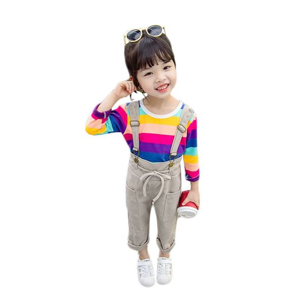

0-4t autumn baby girl outfits long sleeve rainbow striped sweatshirt+strap trousers casual sets, White