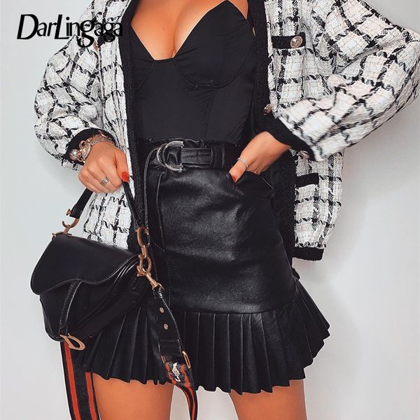 

darlingaga мода оборками искусственная кожа юбка с поясом уличная одежда оборками пояса высокая талия юбка женщины a-line мини-юбки sexy, Black