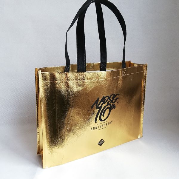 

wholesale 5000pcs/lot 30hx40x10cm gold laser promotion non woven shopping tote bags with logo laser lamination custom store bag