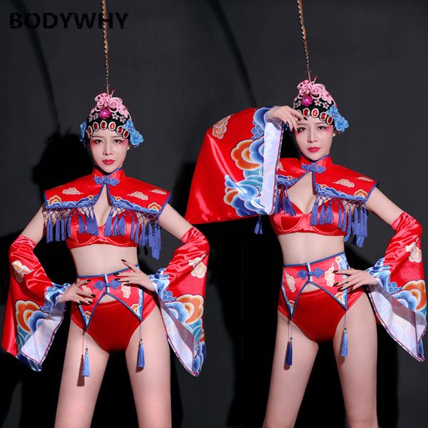 

costume new spring festival new year retro atmosphere female singer wear dance clothes dance costume chinese, Black;red